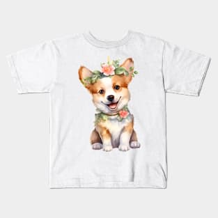 Watercolor Pembroke Welsh Corgi Dog with Head Wreath Kids T-Shirt